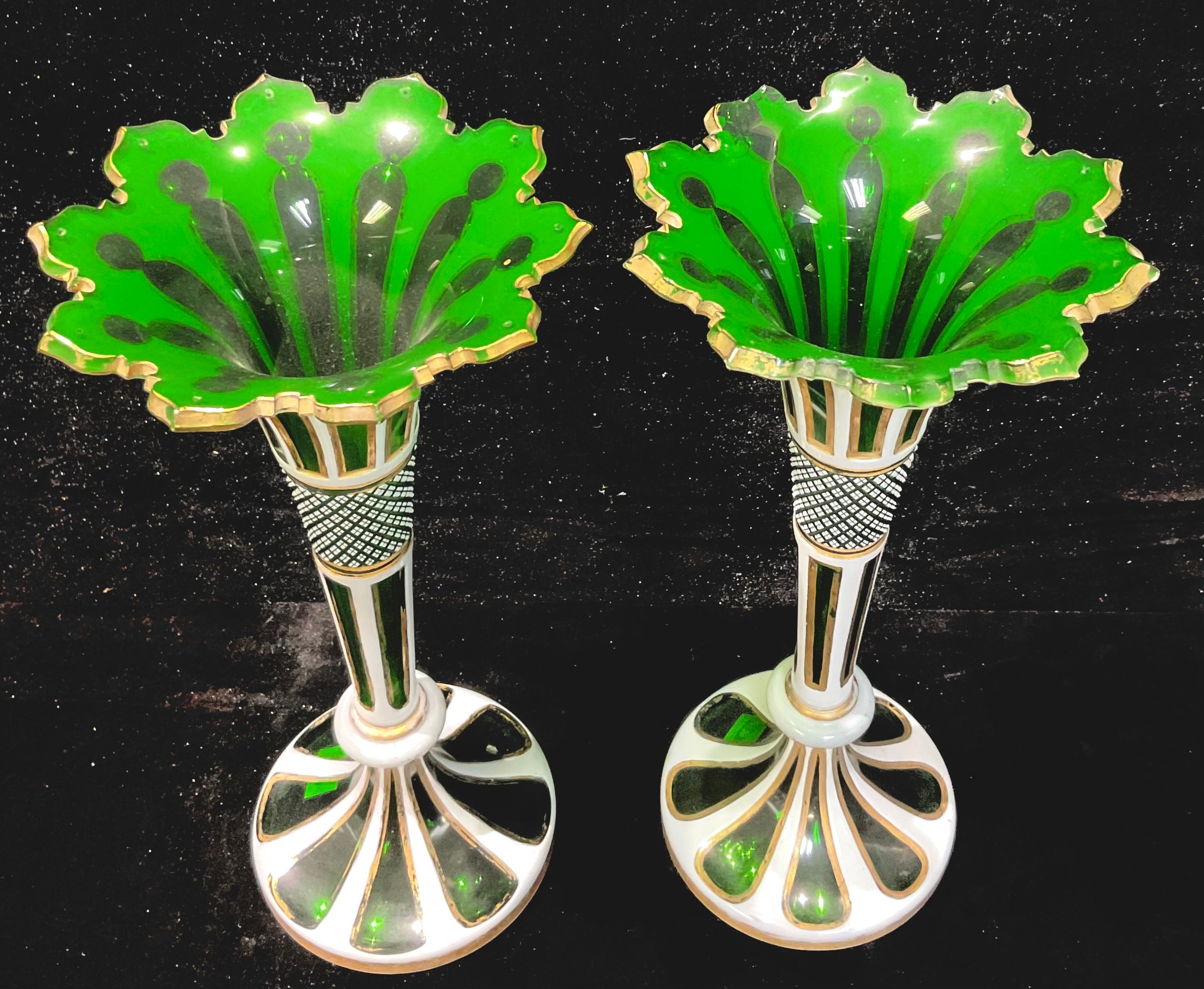 A pair of 19th century Bohemian green flashed glass trumpet vases, shaped cut rim, formerly lustres, - Image 2 of 2