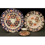 A Royal Crown Derby Imari palette 2451 pattern side plate, 24cm diameter, a shaped circular