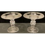 A pair of Irish frosted and clear cut glass pedestal bon-bon dishes, the faceted knop stems with