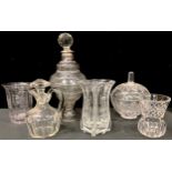 Glassware - a William IV cut glass decanter, silver mount, Birmingham 1830; a bowl and cover;