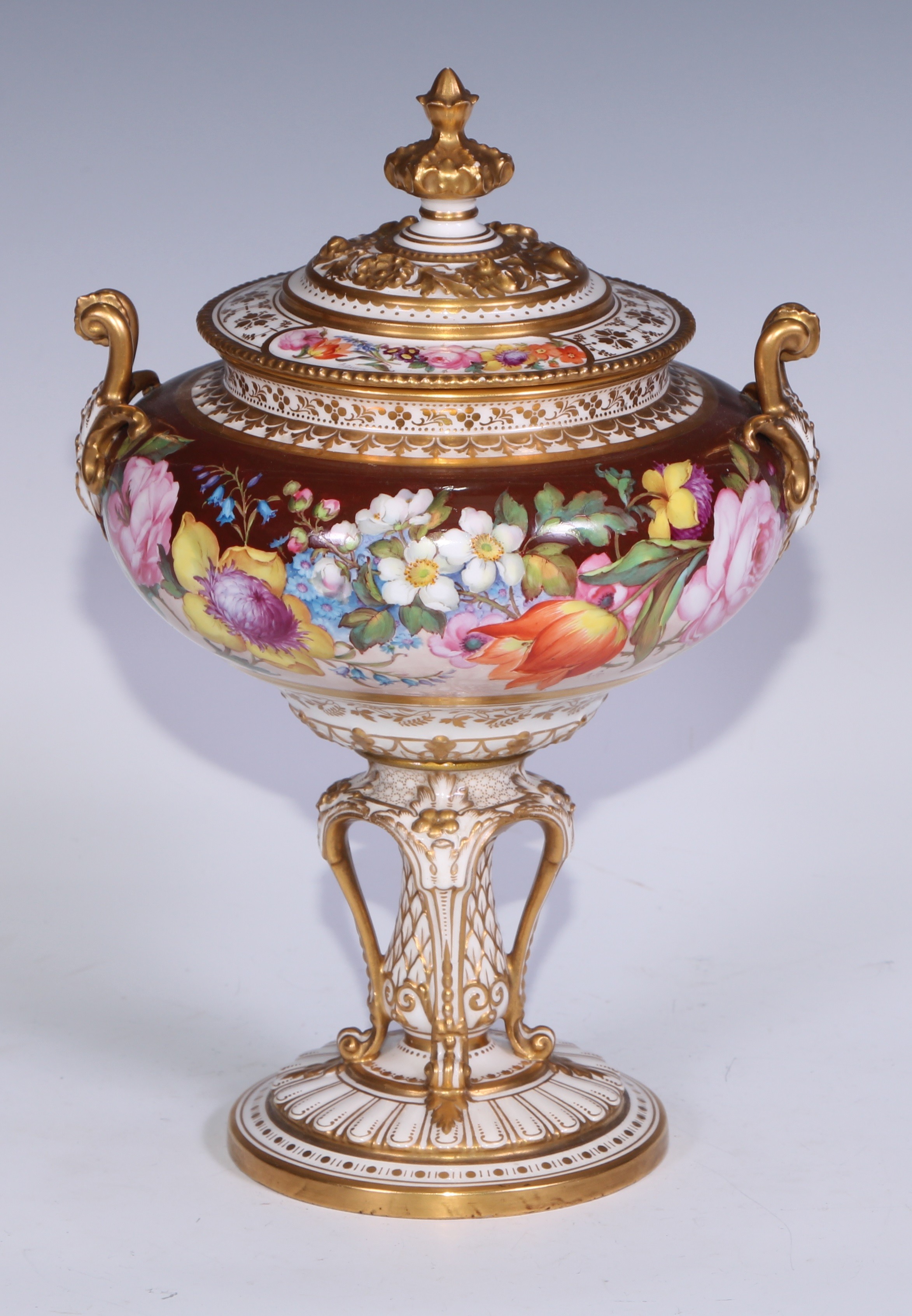 A Royal Crown Derby two-handled pedestal vase and cover, painted by Albert Gregory, with roses, - Image 5 of 6