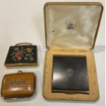 A cased Stratton compact; a Mascot compact, as a needlework bag; an olivewood purse (3)