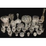 A cut glass ship's decanter; other decanters, drinking glasses, four brandy balloons, four shandy