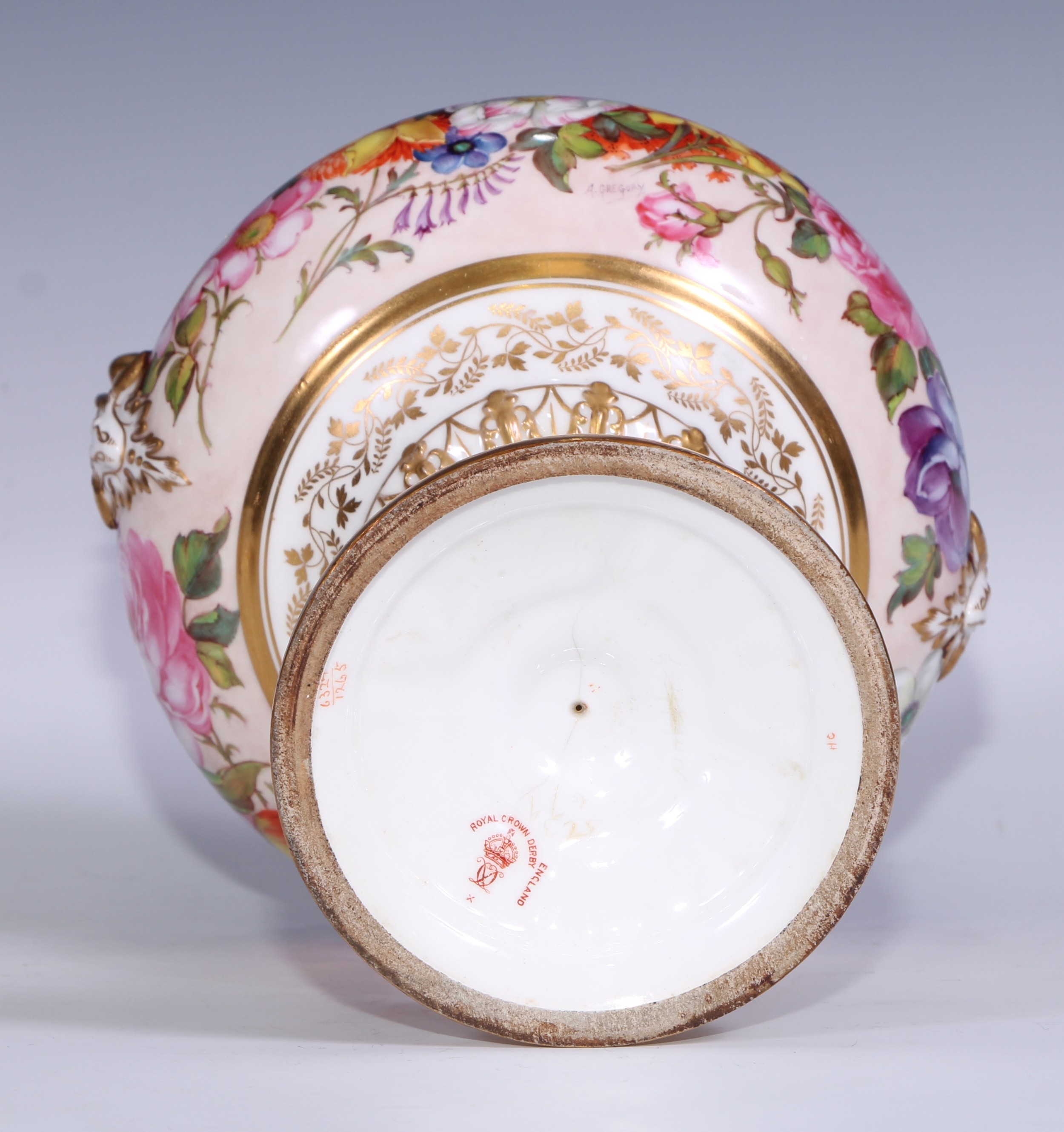 A Royal Crown Derby two-handled pedestal vase and cover, painted by Albert Gregory, with roses, - Image 6 of 6