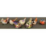 A Royal Crown Derby paperweight, Bullfinch, gold stopper; others, Nuthatch, Long Tailed Tit, Crested