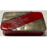 An Edwardian red Morocco leather rounded rectangular "Stamps" box, silver mounted , the cover