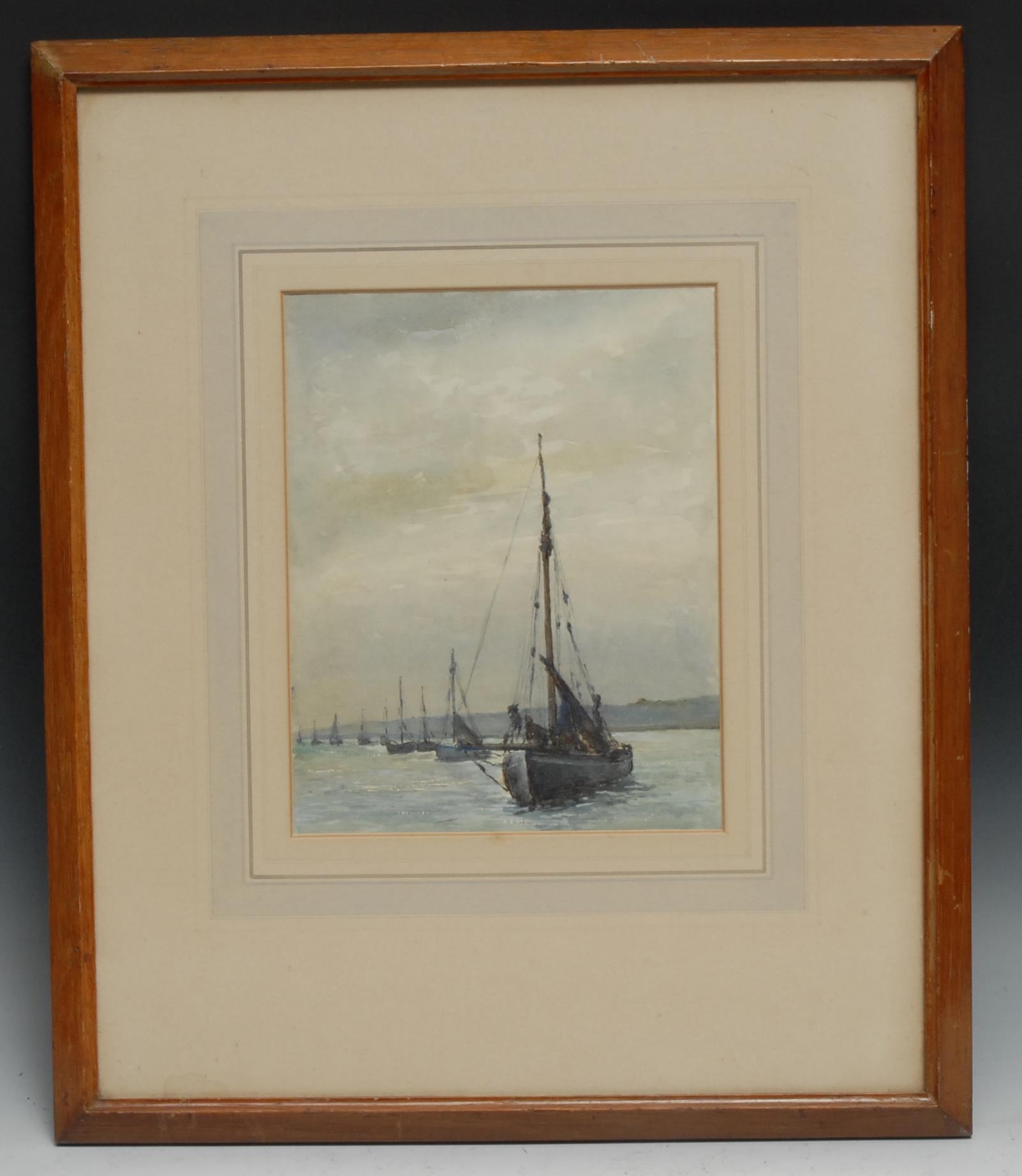 Mabel Wellman Boats at Anchor exhibition label to verso, watercolour, 23.5cm x 18cm