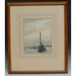 Mabel Wellman Boats at Anchor exhibition label to verso, watercolour, 23.5cm x 18cm