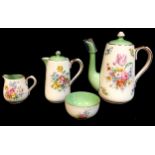 A Crown Staffordshire coffee pot, hot water jug, milk jug and sugar bowl, transfer printed with