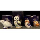 A Royal Crown Derby paperweight, Twilight Owl, gold stopper, boxed; others, Tawny Owl, gold stopper,