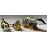 A Royal Crown Derby paperweight, Badger, silver stopper; others, Yellowhammer, silver stopper; bird,