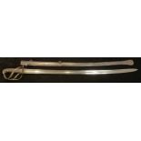 A 19th century sword, single edged blade 89cm in length, leather grip, steel scabbard with two