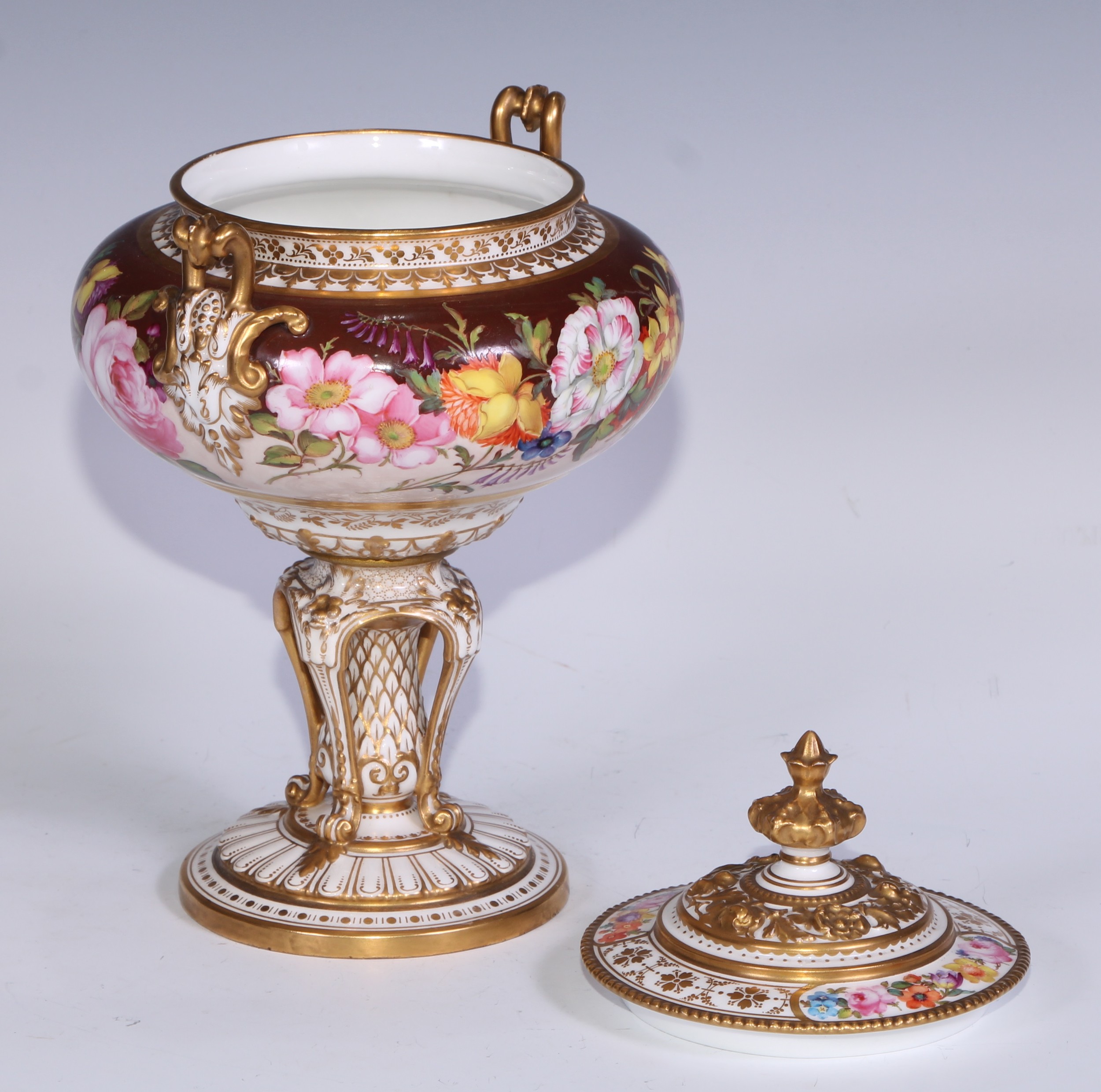 A Royal Crown Derby two-handled pedestal vase and cover, painted by Albert Gregory, with roses, - Image 3 of 6
