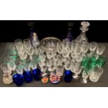 Glassware - a pair of Bristol blue glass decanters and four tumblers; a Lindshammar Sweden glug