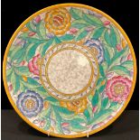 A Charlotte Rhead Crown Ducal charger, tube lines with bright summer flowers, pattern number 4040,