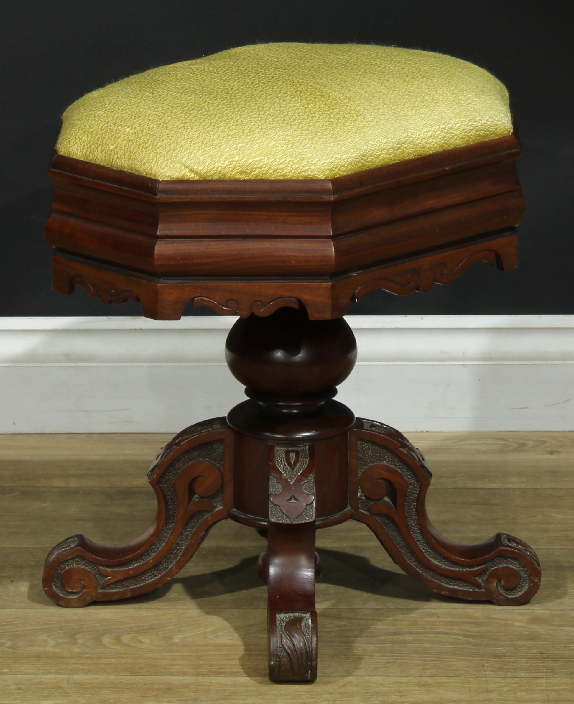 A Victorian mahogany piano stool, drop-in seat, turned column, cabriole legs, 49cm high, 45.5cm - Image 2 of 2