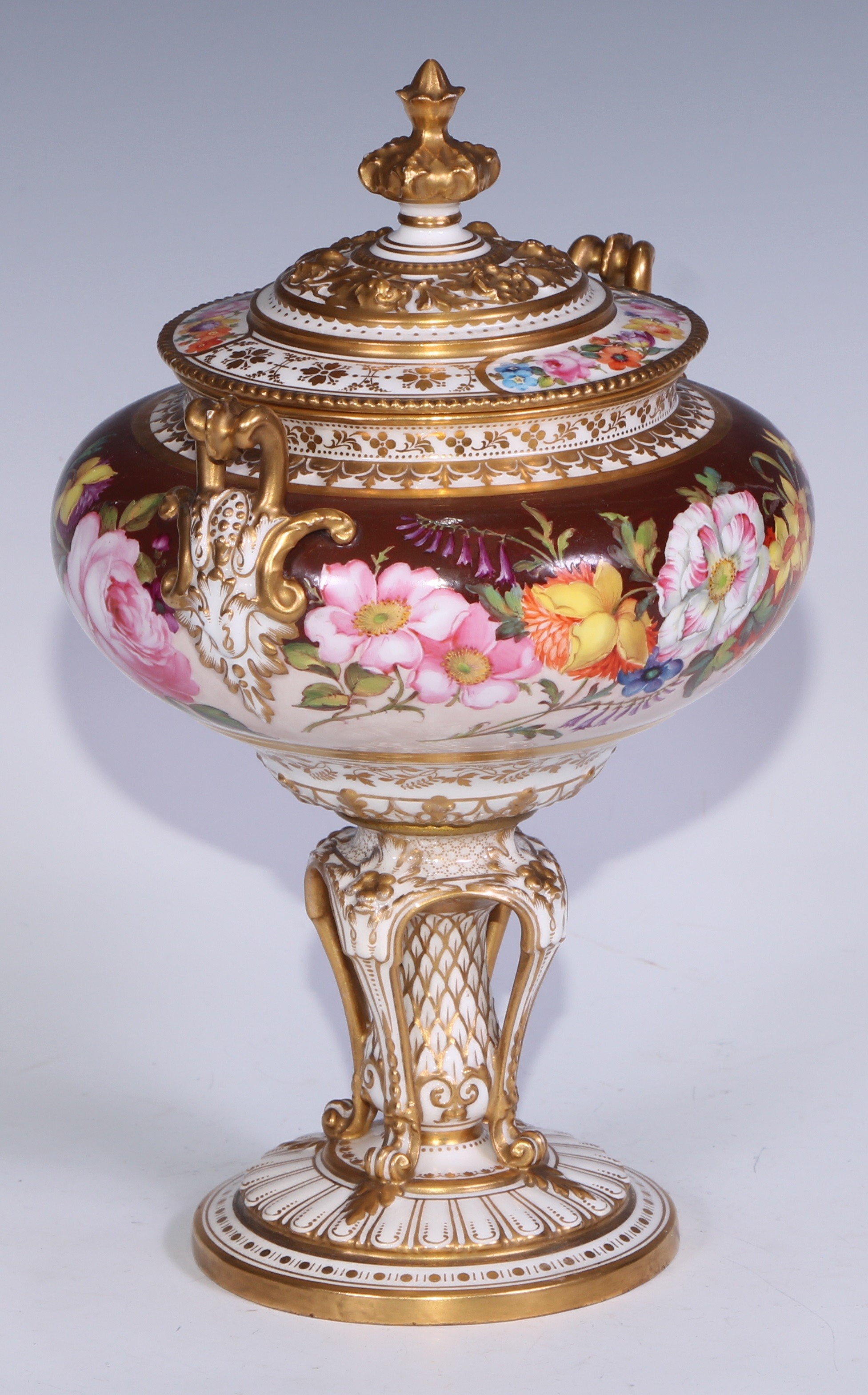 A Royal Crown Derby two-handled pedestal vase and cover, painted by Albert Gregory, with roses, - Image 2 of 6