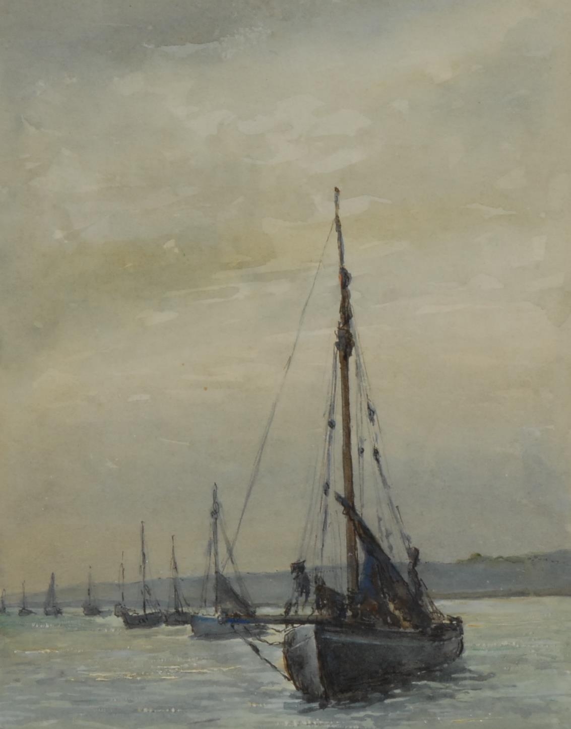 Mabel Wellman Boats at Anchor exhibition label to verso, watercolour, 23.5cm x 18cm - Image 2 of 3