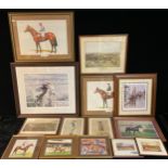 A collection of equestrian horse racing prints, assorted including 20th century jockeys; a pair of
