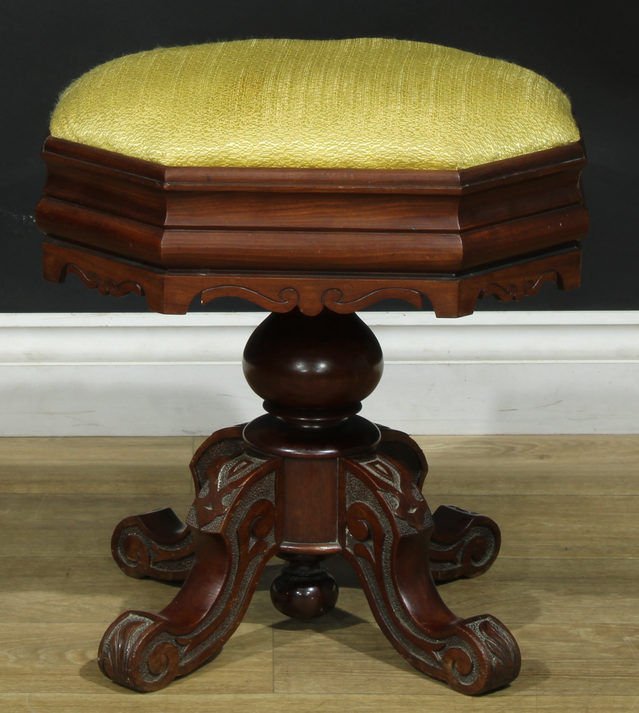 A Victorian mahogany piano stool, drop-in seat, turned column, cabriole legs, 49cm high, 45.5cm