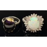 A silver and Blue John set ring, marked Sterling; a silver and opal ring, marked 925 (2)