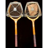 A Slazengers Fred Perry wooden tennis racket, in metal press; another similar (2)