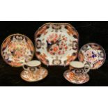 A Royal Crown Derby 383 pattern shaped square dish, c.1891; others, coffee cans, saucers, etc,