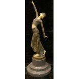 D.H. Chiparus, after, Art Deco style bronzed figure, Footsteps, circular marble base, 37cm high