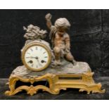 A 19th century French bronzed metal figural mantel clock, white enamel dial, Roman numerals, 8-day