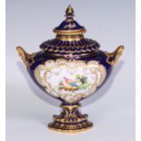A Royal Crown Derby two handled pedestal ovoid vase and cover, painted by Charles Harris, signed