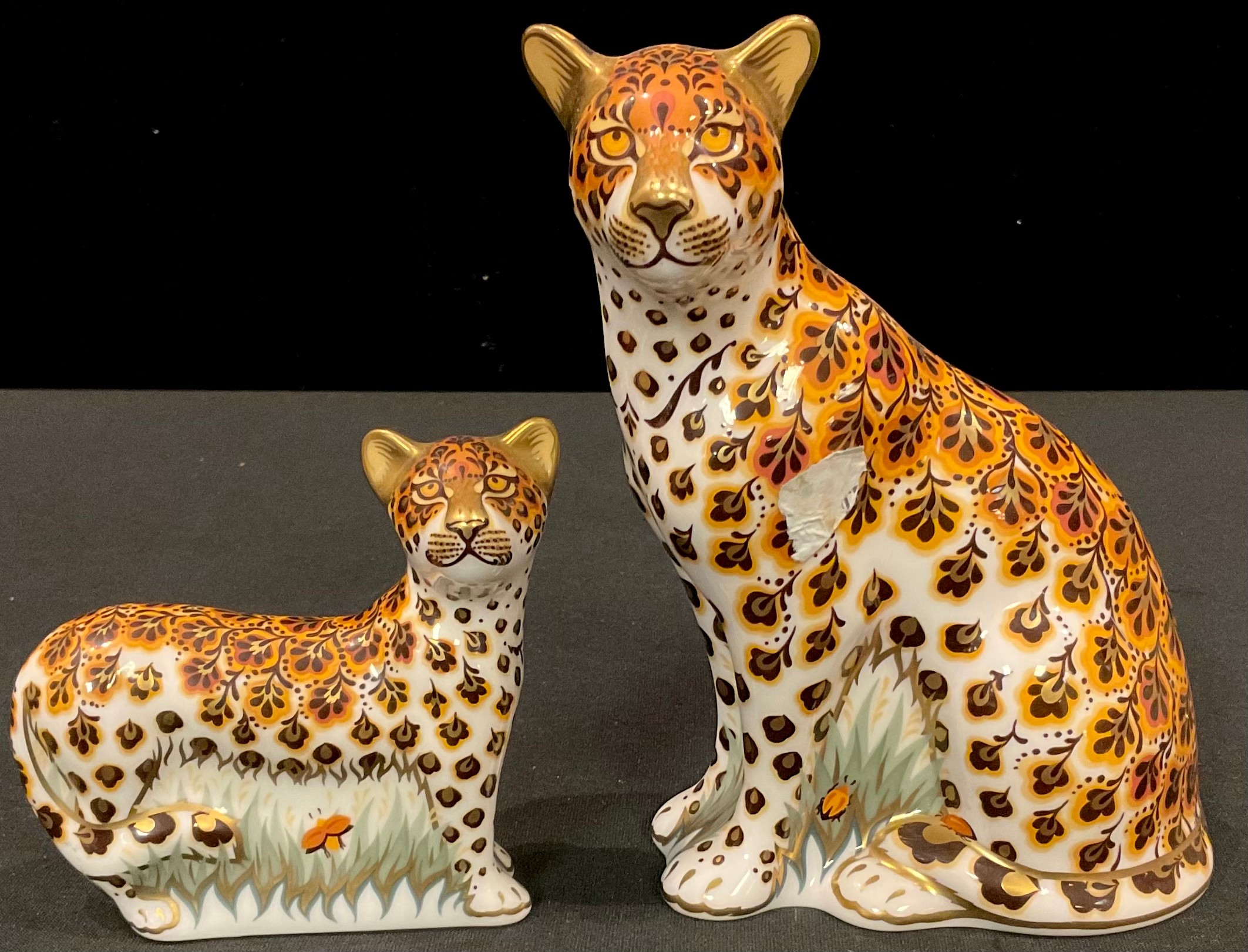 A Royal pair of Crown Derby paperweights, Leopardess, Govier's signature edition, gold stopper,