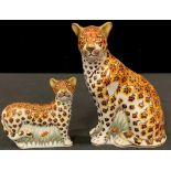 A Royal pair of Crown Derby paperweights, Leopardess, Govier's signature edition, gold stopper,