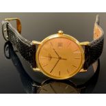 A gentleman's Longines gold plated watch, gilt metal dial, baton indicators, centre seconds, date