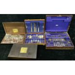 A set of EPNS flatware, in a fitted oak canteen box; three other sets of flatware, each boxed, qty
