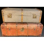 An early 20th century wooden bound steamer trunk, leather corner reinforcements and handles, 92cm