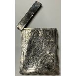 A Victorian silver rounded rectangular card case, bright cut Greek key borders, engraved with