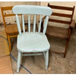 A child’s painted kitchen chair; a child’s folding chair; a beech school chair (3)