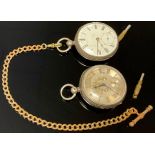 A Victorian silver open face pocket watch, silvered dial, Roman numerals in gilt, the face applied