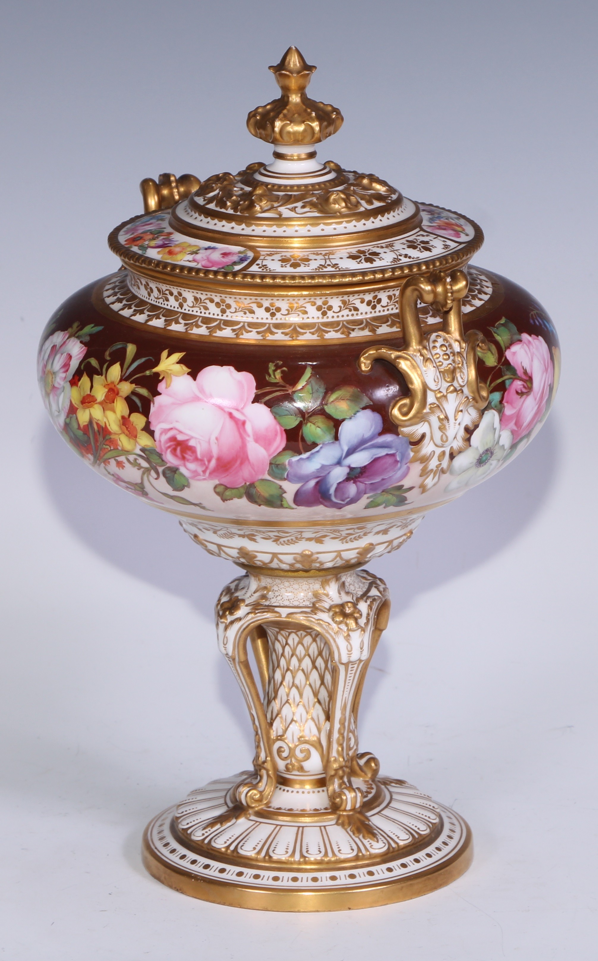 A Royal Crown Derby two-handled pedestal vase and cover, painted by Albert Gregory, with roses, - Image 4 of 6