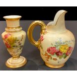 A Royal Worcester blush ivory jug, decorated with flowers, gilded loop handle, 13cm high, number