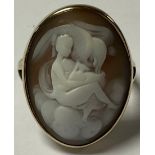 A 9ct gold carved shell cameo ring, Zeus Psyche and Cupid, size M/N, 7g, boxed