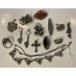 A collection of silver mounted marcasite and stone set jewellery including brooches, pendants, etc