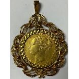 A Queen Victoria gold sovereign, young head, 1877, Melbourne, mounted in 9ct gold as a pendant, 14.