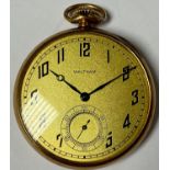 A Waltham 14k gold open face pocket watch, Colonial Series, Waltham Watch Company, the interior case