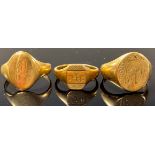 A 9ct gold signet ring, size O, two others, sizes N and K, monogrammed, 12.3g (3)
