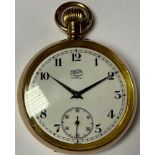 A gold plated open face pocket watch, Enicar Ultasonic, white dial with Arabic numerals,