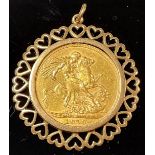 A George V gold full sovereign, 1913, mounted in 9ct gold as a pendant, 10.7g