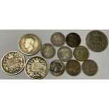 Coins - a Victorian silver shilling 1875; a George IV silver shilling 1829; a William IIII silver