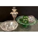 a near pair of green glass witches balls, another; vase; bowl etc