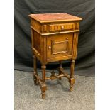 A 19th century style French bedside nightstand, rouge marble inset top, single drawer above cupboard